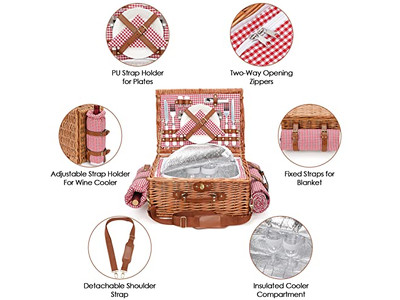 Panier de pique-nique taille familiale pour 4 personnes, paniers en gros en rotin saule XXL